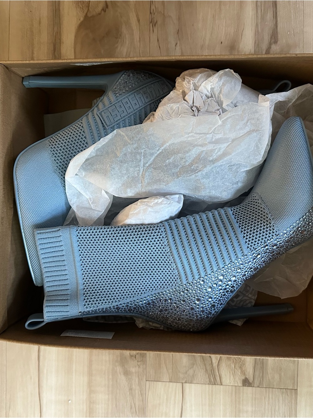 Steve Madden Light Blue Knit Sock Boot with Crystal Embellishments!